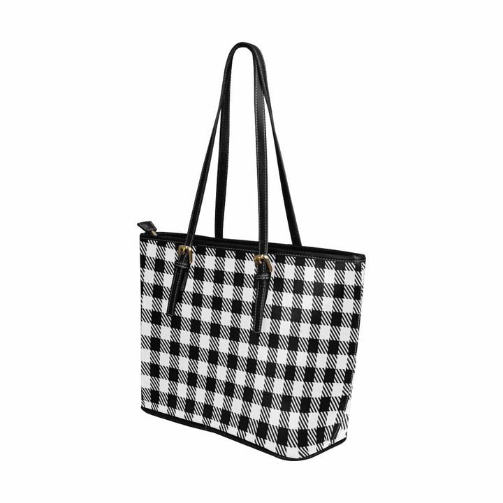 Large Leather Tote Shoulder Bag - Buffalo Plaid Black and White - Bags