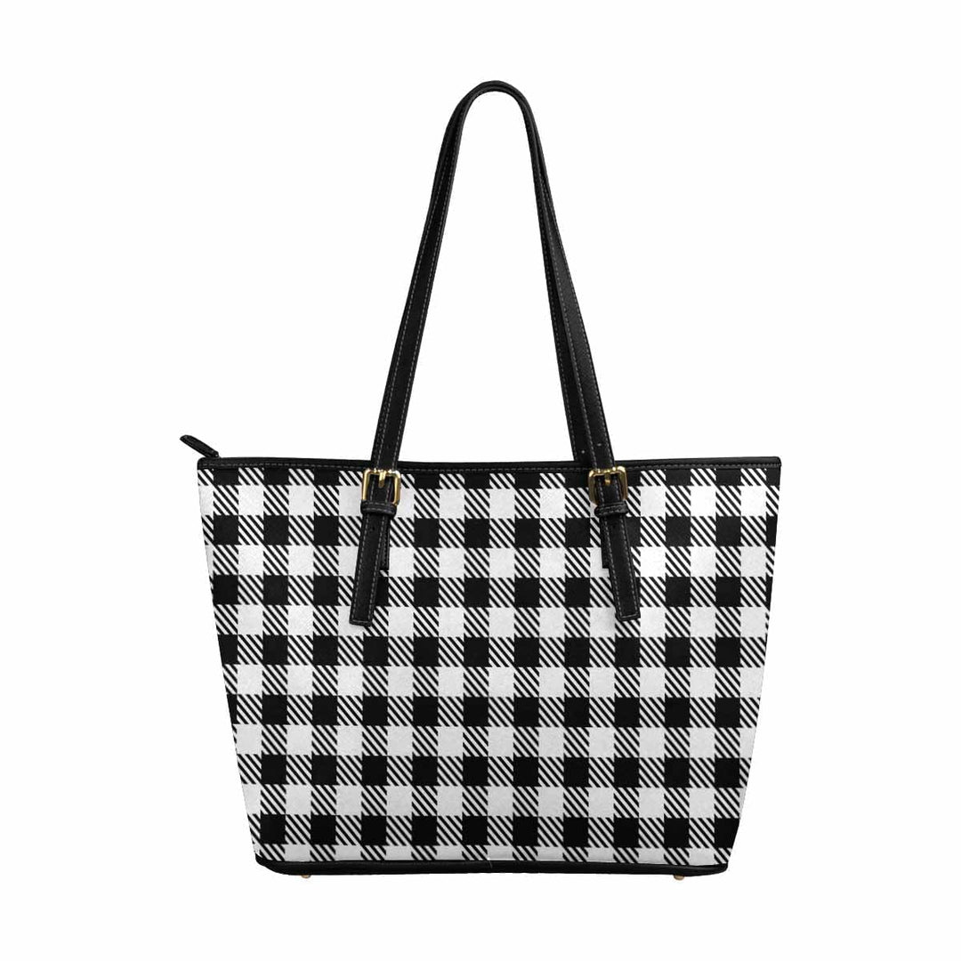 Large Leather Tote Shoulder Bag - Buffalo Plaid Black and White - Bags