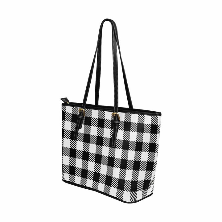 Large Leather Tote Shoulder Bag - Buffalo Plaid Black and White - Bags