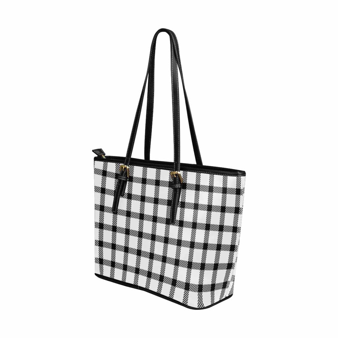 Large Leather Tote Shoulder Bag - Buffalo Plaid Black and White - Bags