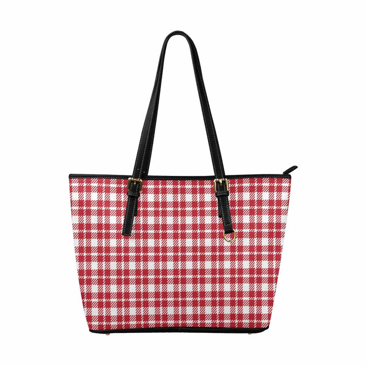 Large Leather Tote Shoulder Bag - Buffalo Plaid Red and White - Bags | Leather