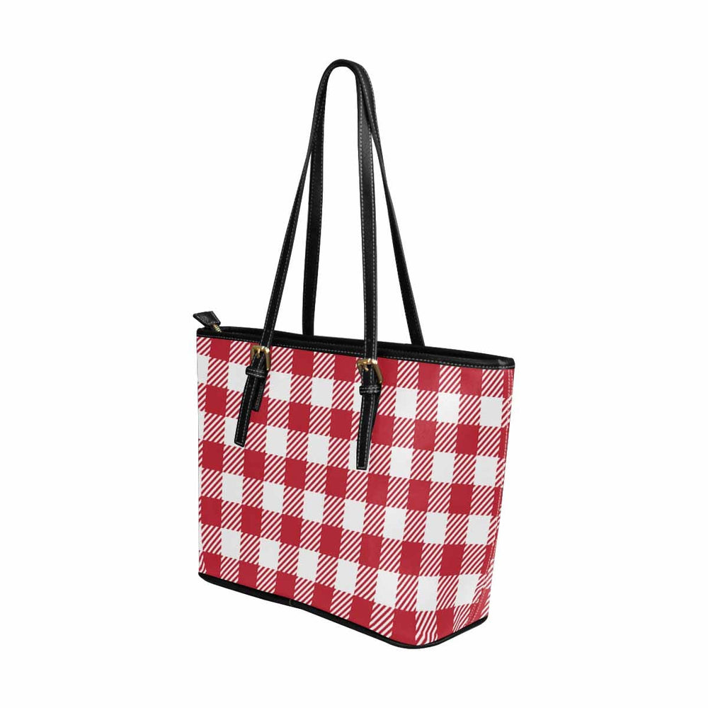 Large Leather Tote Shoulder Bag - Buffalo Plaid Red and White - Bags | Leather