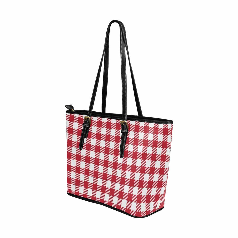 Large Leather Tote Shoulder Bag - Buffalo Plaid Red and White - Bags | Leather