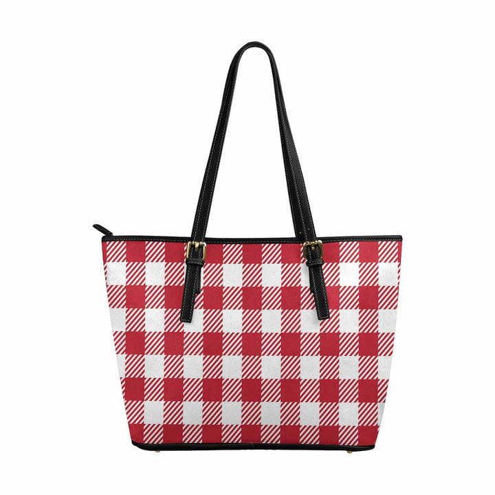 Large Leather Tote Shoulder Bag - Buffalo Plaid Red and White - Bags | Leather