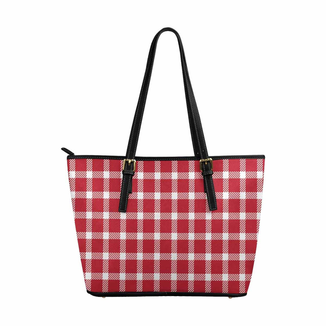 Large Leather Tote Shoulder Bag - Buffalo Plaid Red and White - Bags | Leather