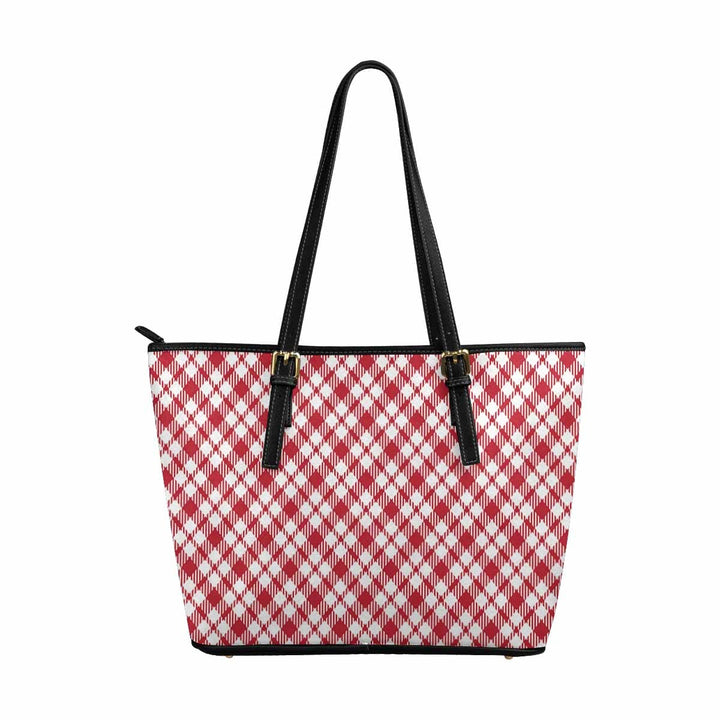 Large Leather Tote Shoulder Bag - Buffalo Plaid Red and White - Bags | Leather