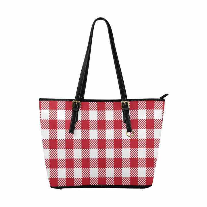 Large Leather Tote Shoulder Bag - Buffalo Plaid Red and White - Bags | Leather