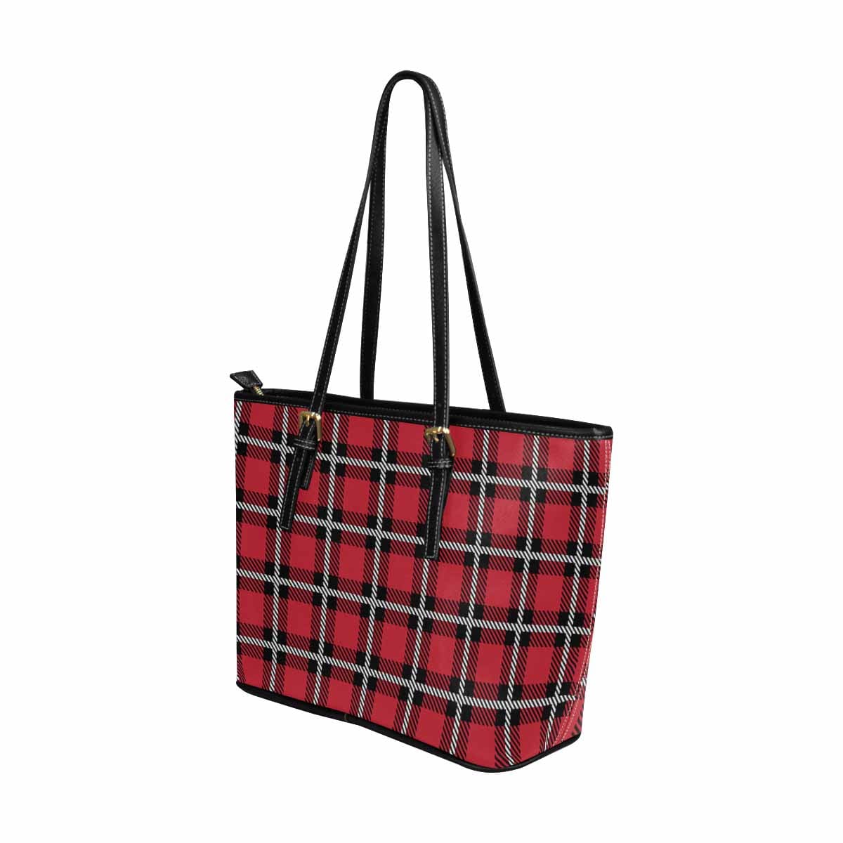 Large Leather Tote Shoulder Bag - Buffalo Plaid Red - Bags | Leather Tote Bags