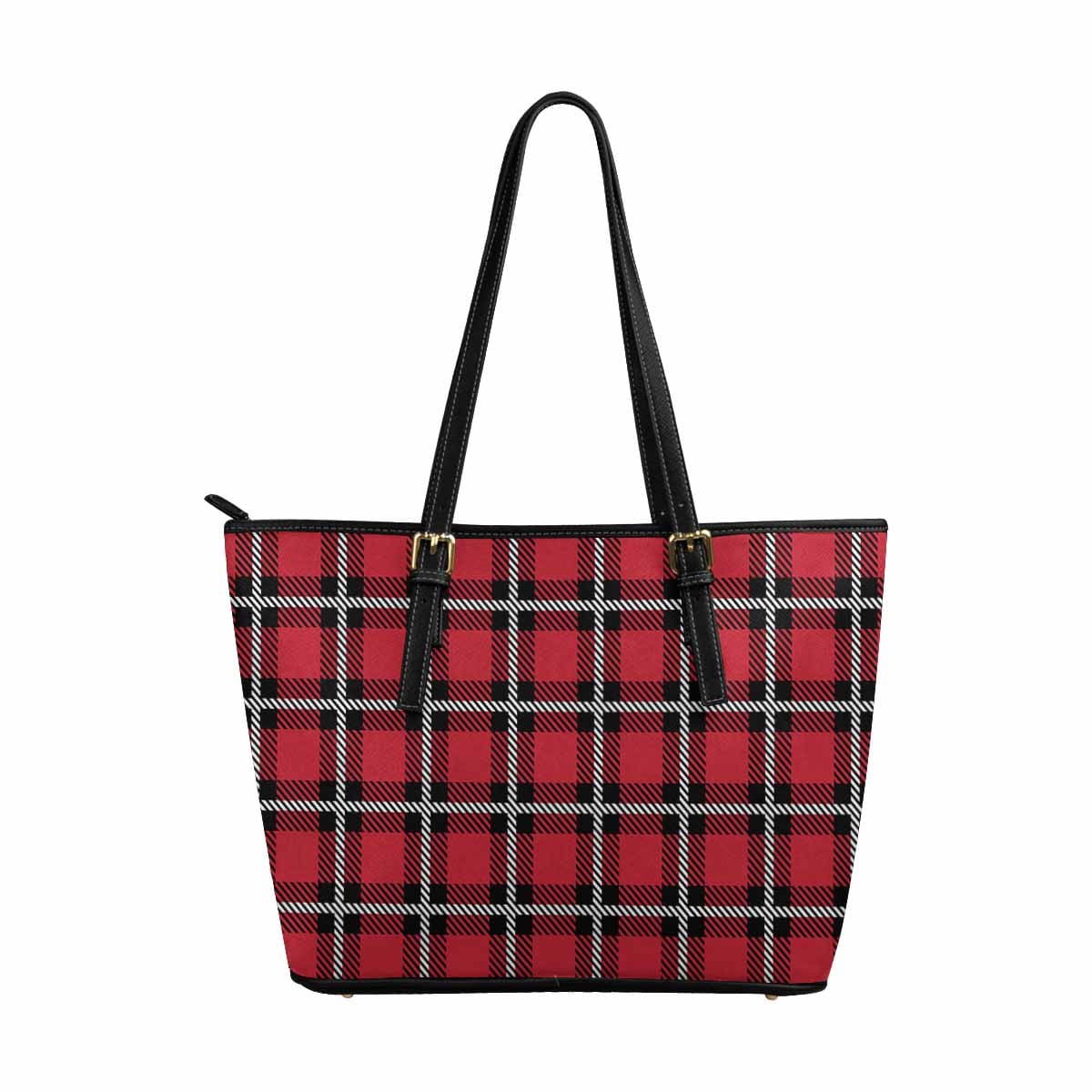 Large Leather Tote Shoulder Bag - Buffalo Plaid Red - Bags | Leather Tote Bags