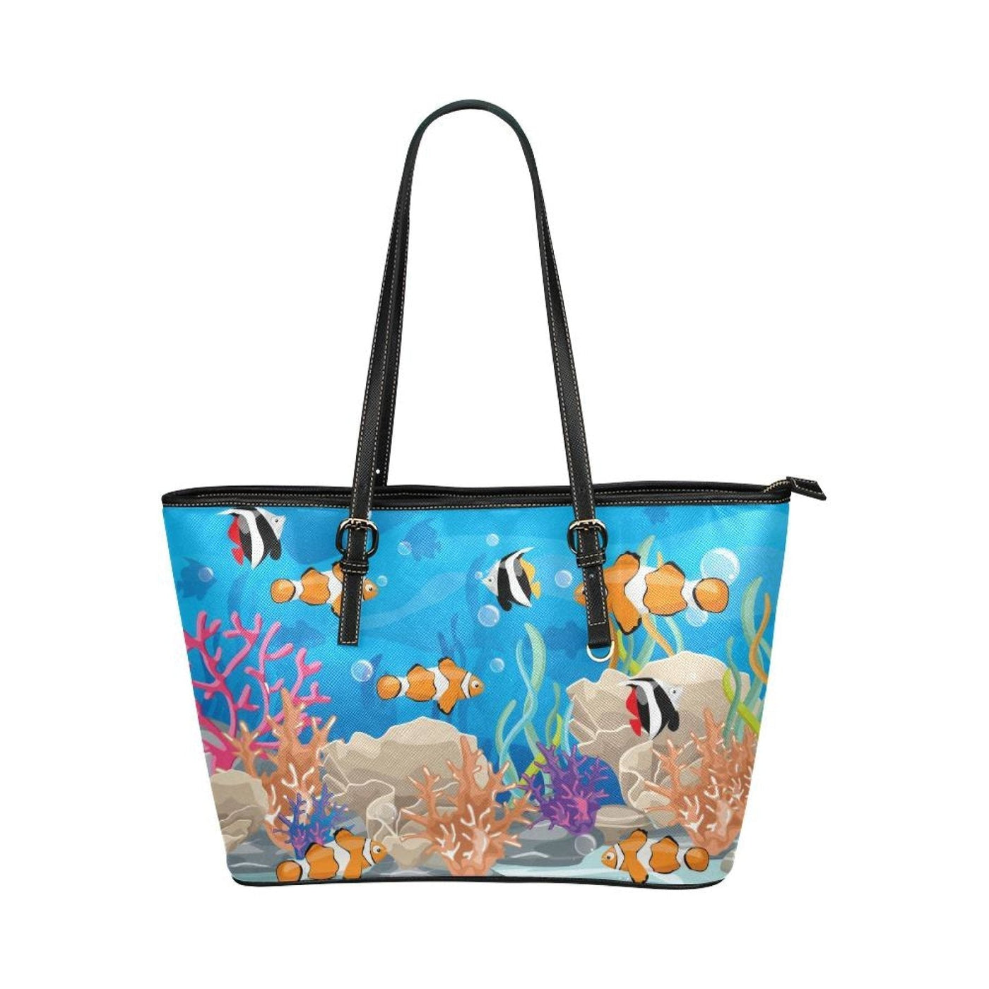 Large Leather Tote Shoulder Bag - Coral Reef Sea Life Multicolor Illustration