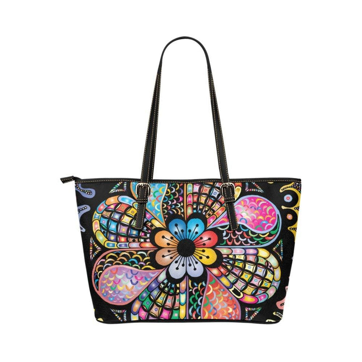 Large Leather Tote Shoulder Bag - Floral Multicolor Illustration - Bags/Leather