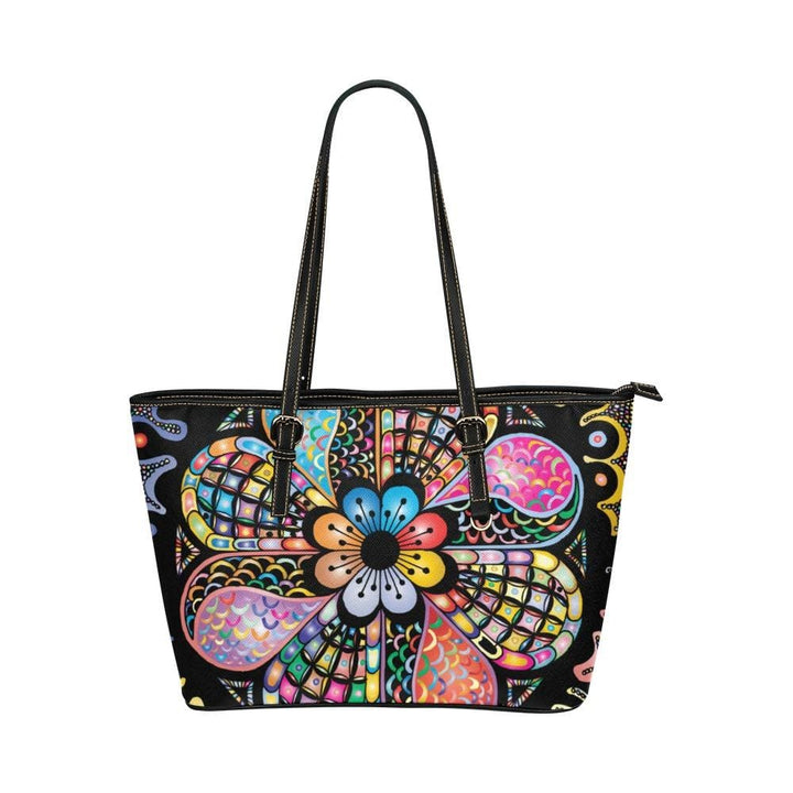 Large Leather Tote Shoulder Bag - Floral Multicolor Illustration - Bags/Leather