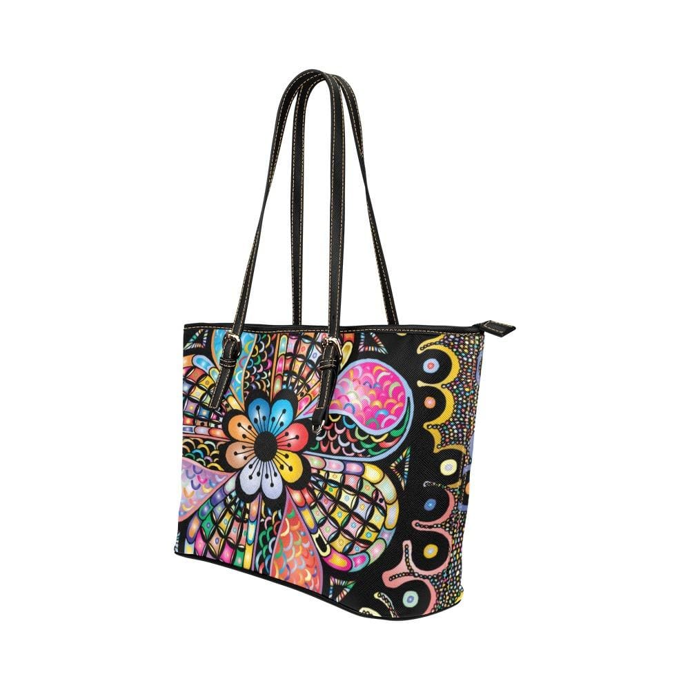 Large Leather Tote Shoulder Bag - Floral Multicolor Illustration - Bags/Leather