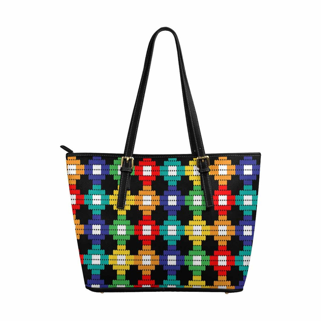 Large Leather Tote Shoulder Bag - Bohemian Multicolor Illustration - Bags