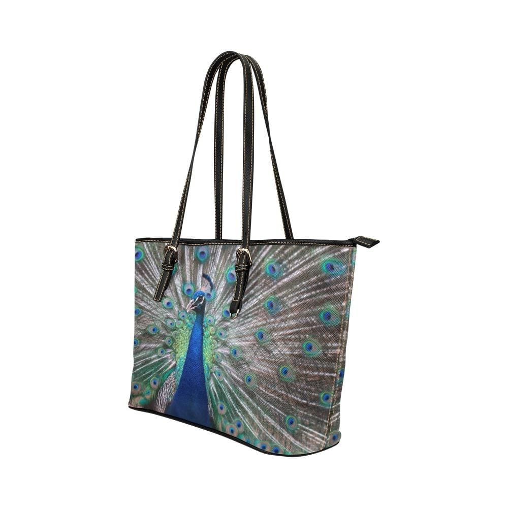 Large Leather Tote Shoulder Bag - Peacock Multicolor Illustration - Bags