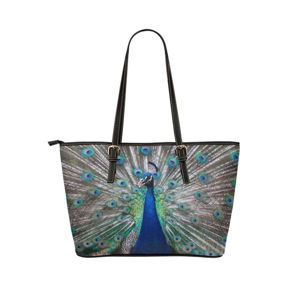 Large Leather Tote Shoulder Bag - Peacock Multicolor Illustration - Bags