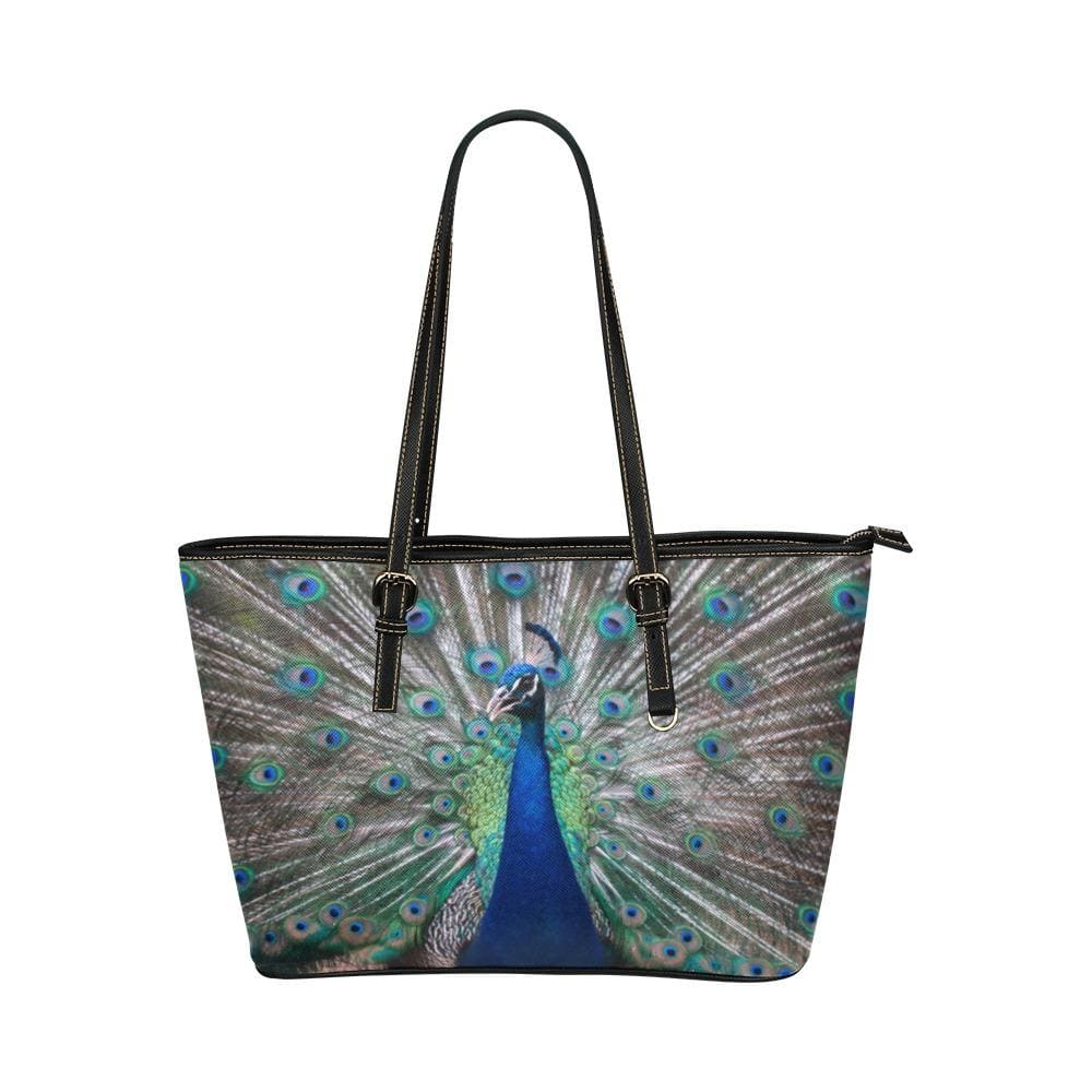 Large Leather Tote Shoulder Bag - Peacock Multicolor Illustration - Bags