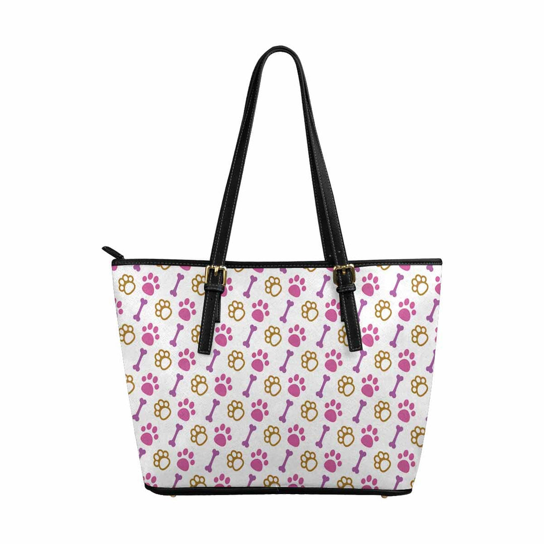 Large Leather Tote Shoulder Bag - Pink Paws and Doggie Bones Tote - Bags