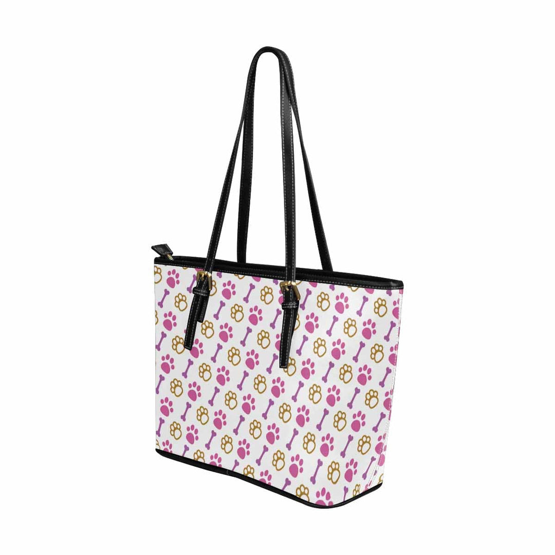 Large Leather Tote Shoulder Bag - Pink Paws and Doggie Bones Tote - Bags