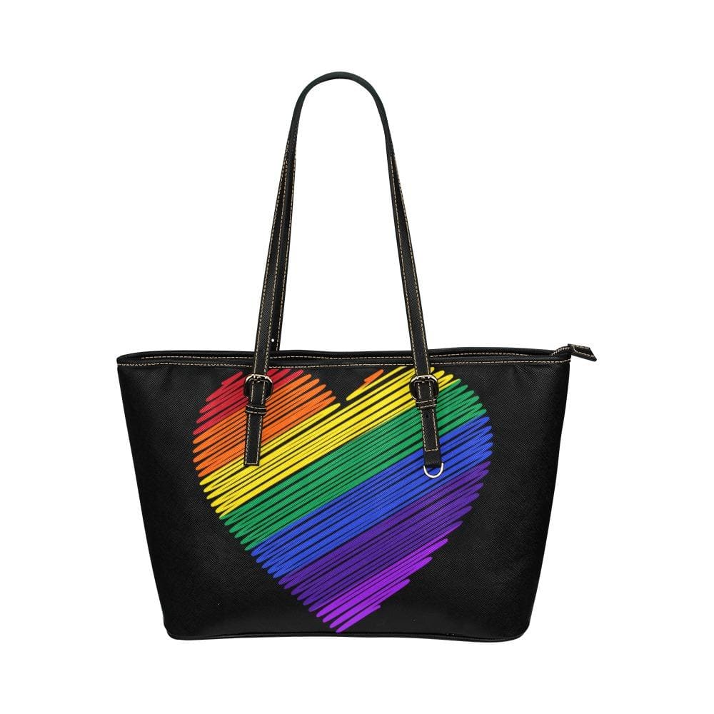 Large Leather Tote Shoulder Bag - Rainbow Heart Multicolor Illustration - Bags