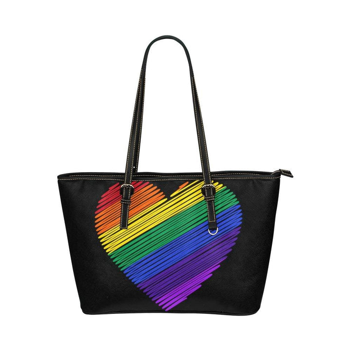 Large Leather Tote Shoulder Bag - Rainbow Heart Multicolor Illustration
