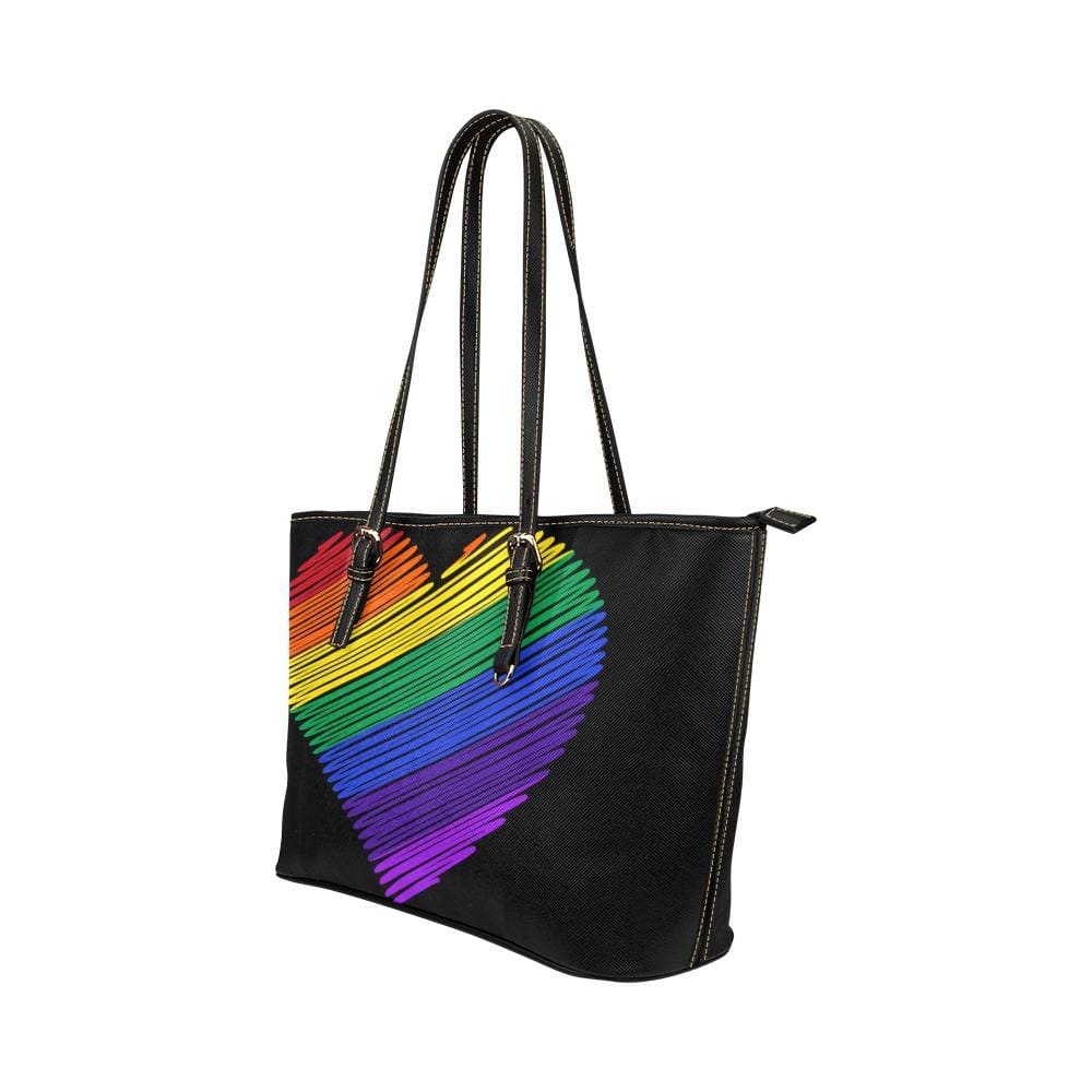 Large Leather Tote Shoulder Bag - Rainbow Heart Multicolor Illustration - Bags