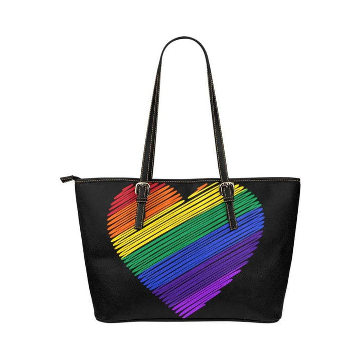 Large Leather Tote Shoulder Bag - Rainbow Heart Multicolor Illustration