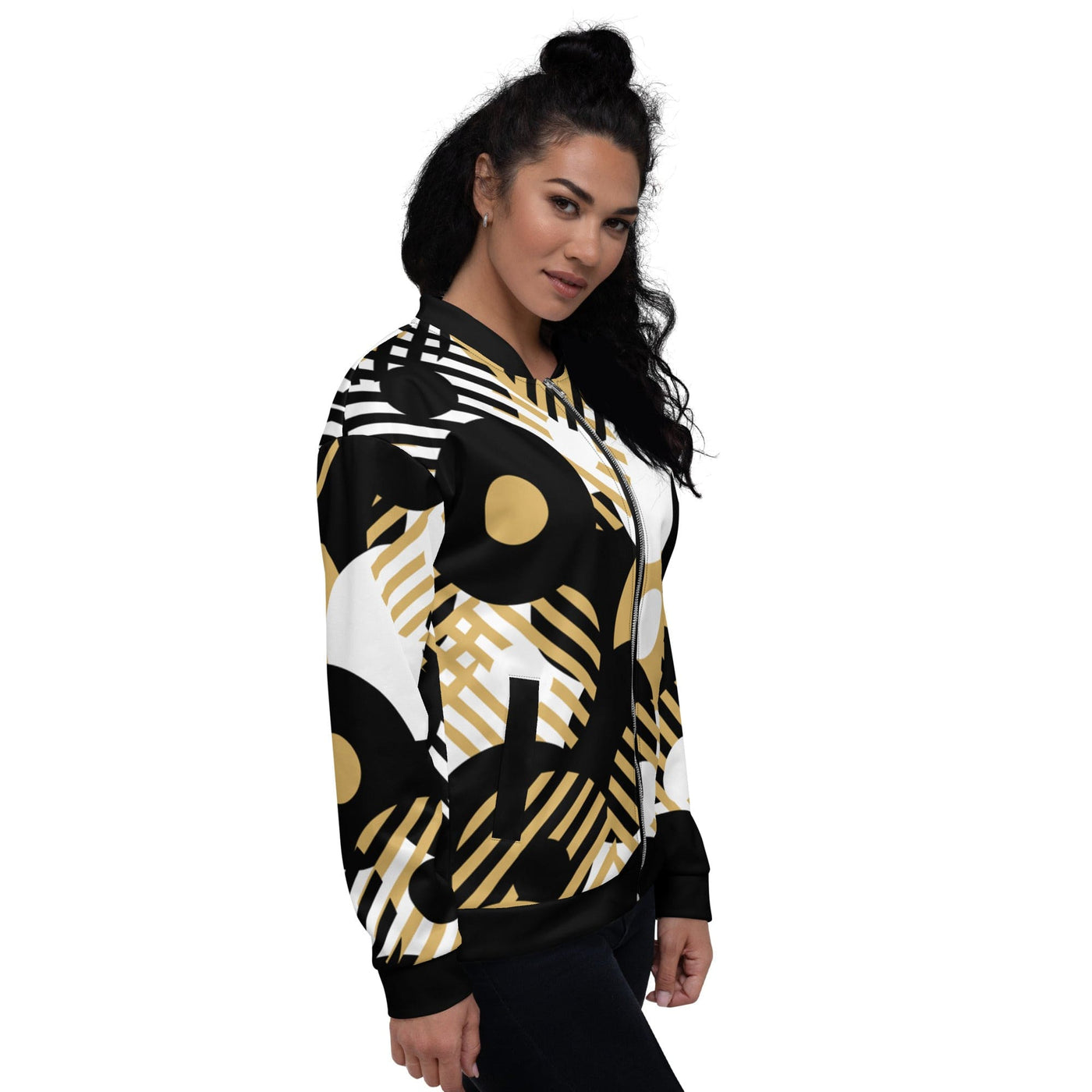 Womens Bomber Jacket Black & Gold Geometric Style - Womens | Jackets | Bombers