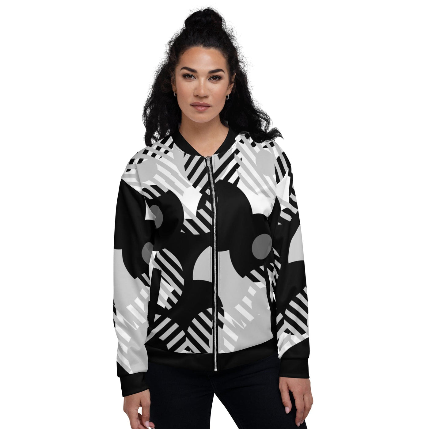 Womens Bomber Jacket Black & Grey Geometric Style - Womens | Jackets | Bombers