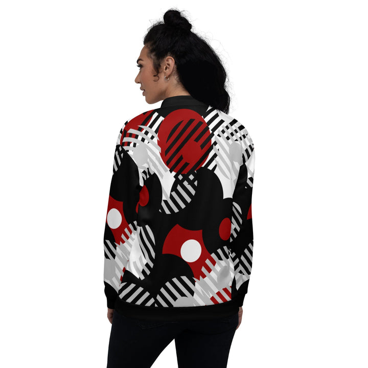 Womens Bomber Jacket Black Red & Grey Geometric Style - Womens | Jackets