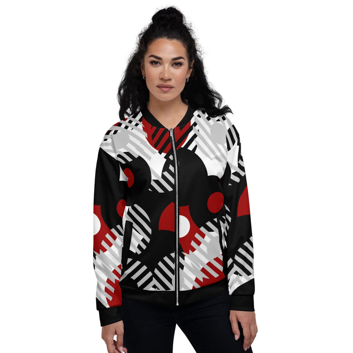 Womens Bomber Jacket Black Red & Grey Geometric Style - Womens | Jackets