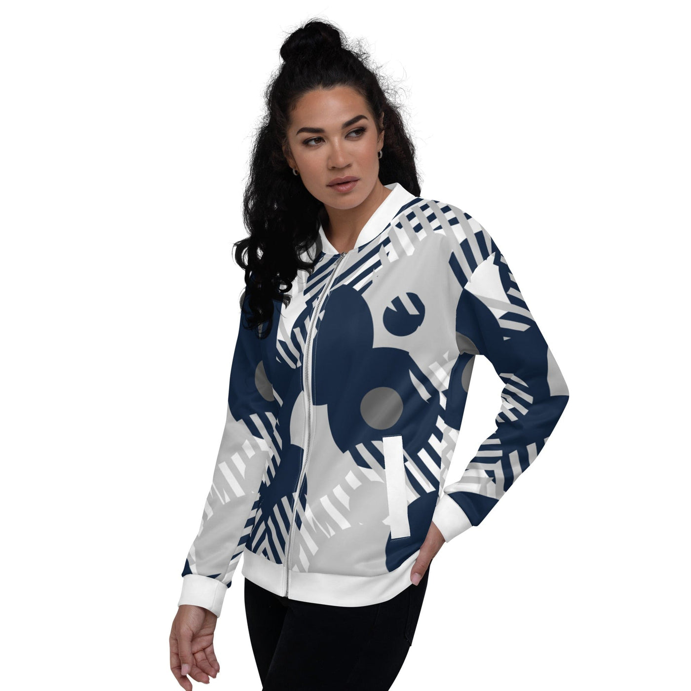 Womens Bomber Jacket Blue & Grey Geometric Style - Womens | Jackets | Bombers