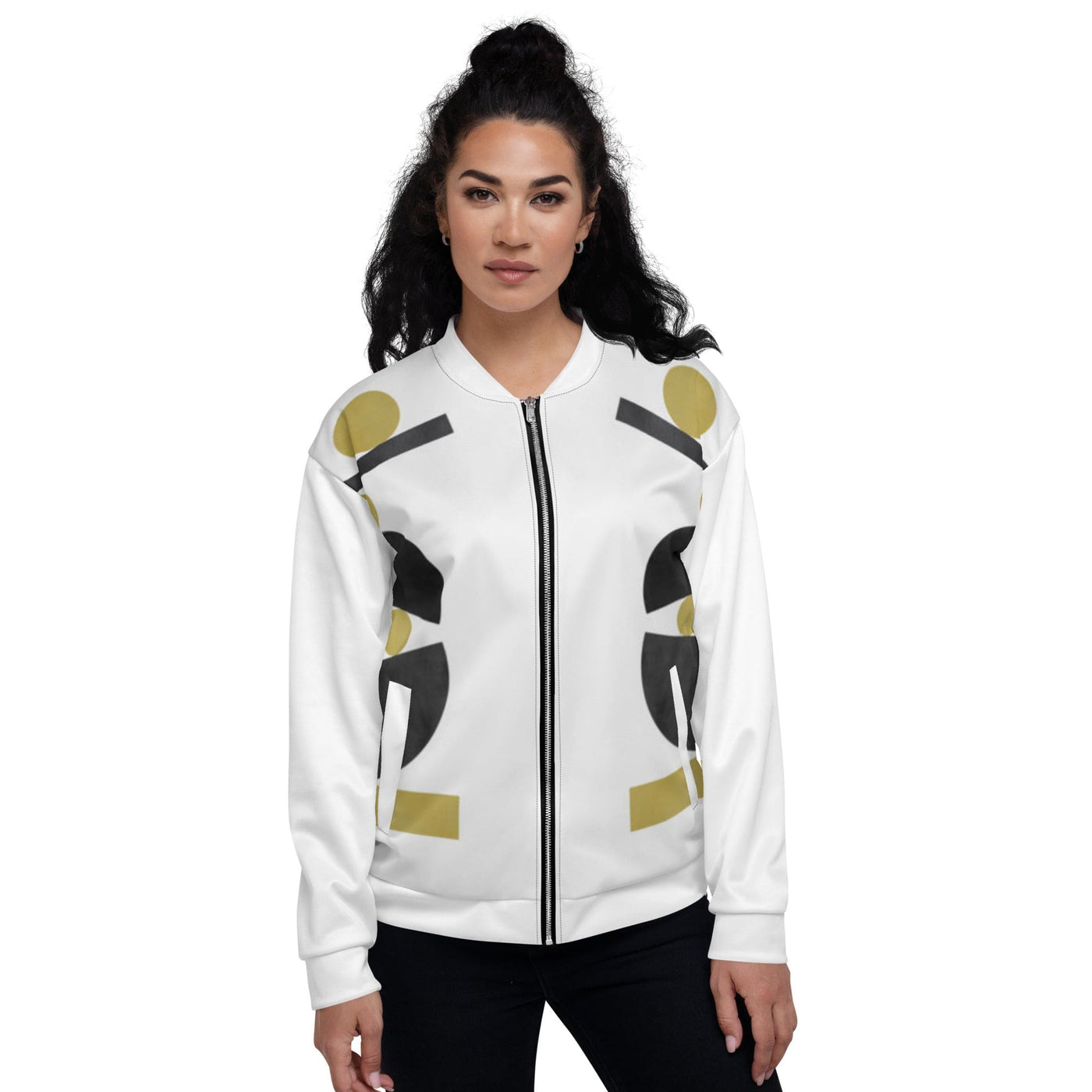 Womens Bomber Jacket White & Gold Geometric Style - Womens | Jackets | Bombers