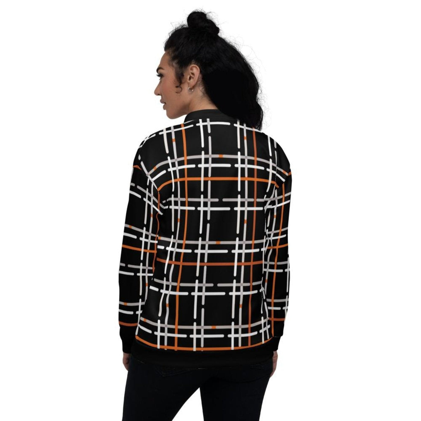 Womens Jacket - Black And Orange Tartan Style Bomber Jacket - Womens | Jackets |