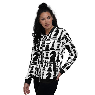 Womens Jacket - Black And White Chess Style Bomber Jacket - Womens | Jackets |
