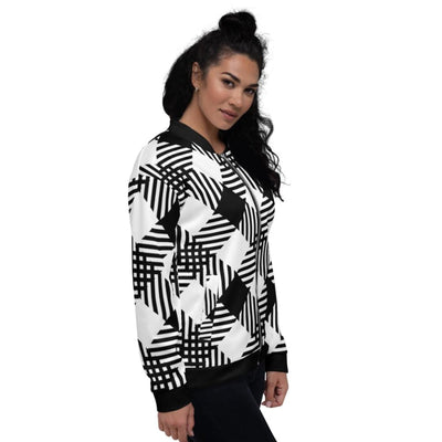 Womens Jacket - Black And White Grid Style Bomber Jacket - Womens | Jackets