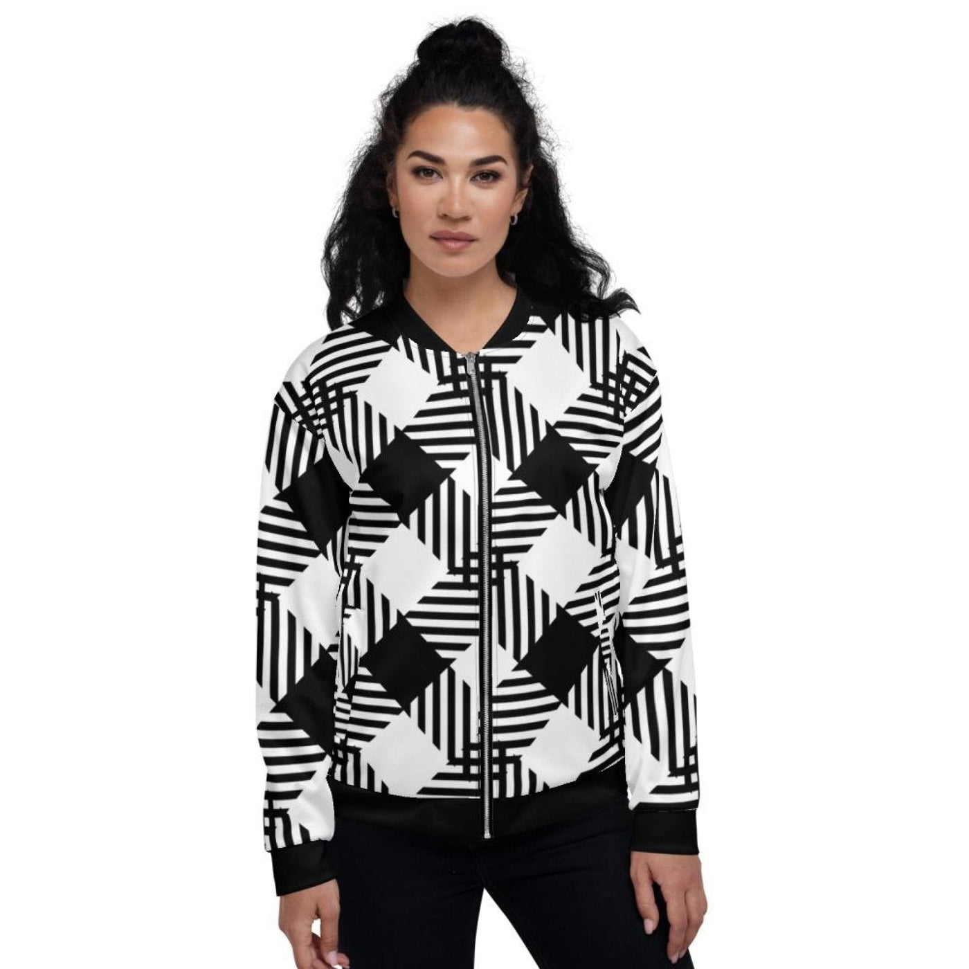 Womens Jacket - Black And White Grid Style Bomber Jacket - Womens | Jackets