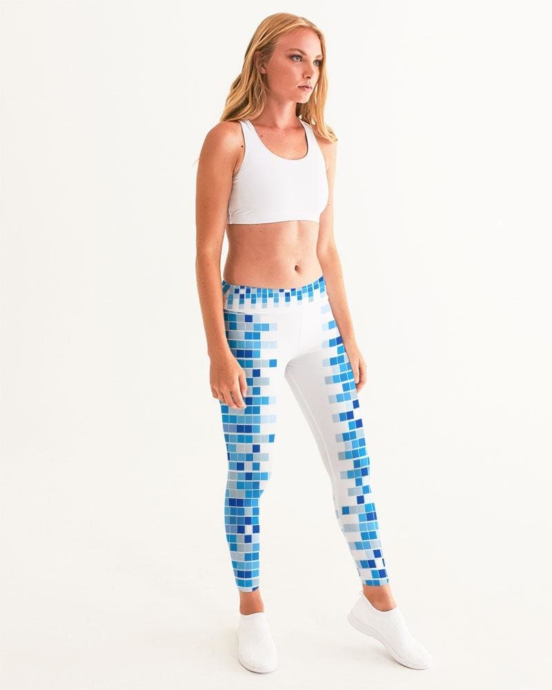 Womens High-waist Fitness Legging Yoga Pants Blue White Mosaic Squares - Womens