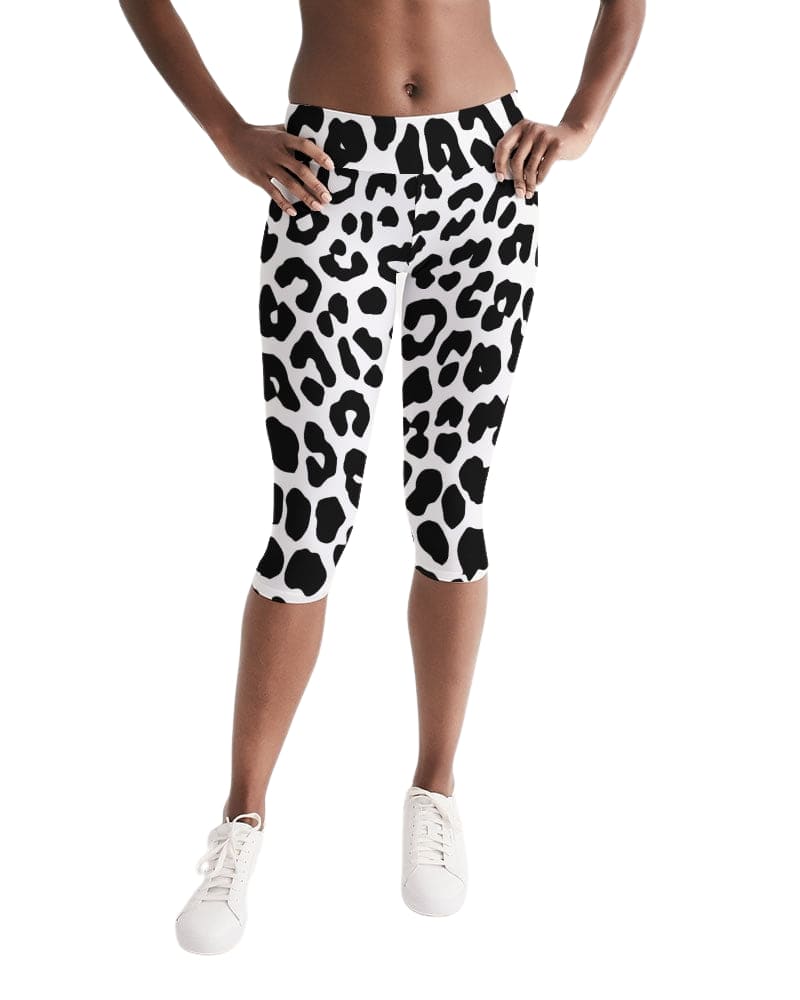 Womens High-waist Fitness Capri Legging Yoga Pants Black White Leopard Pattern