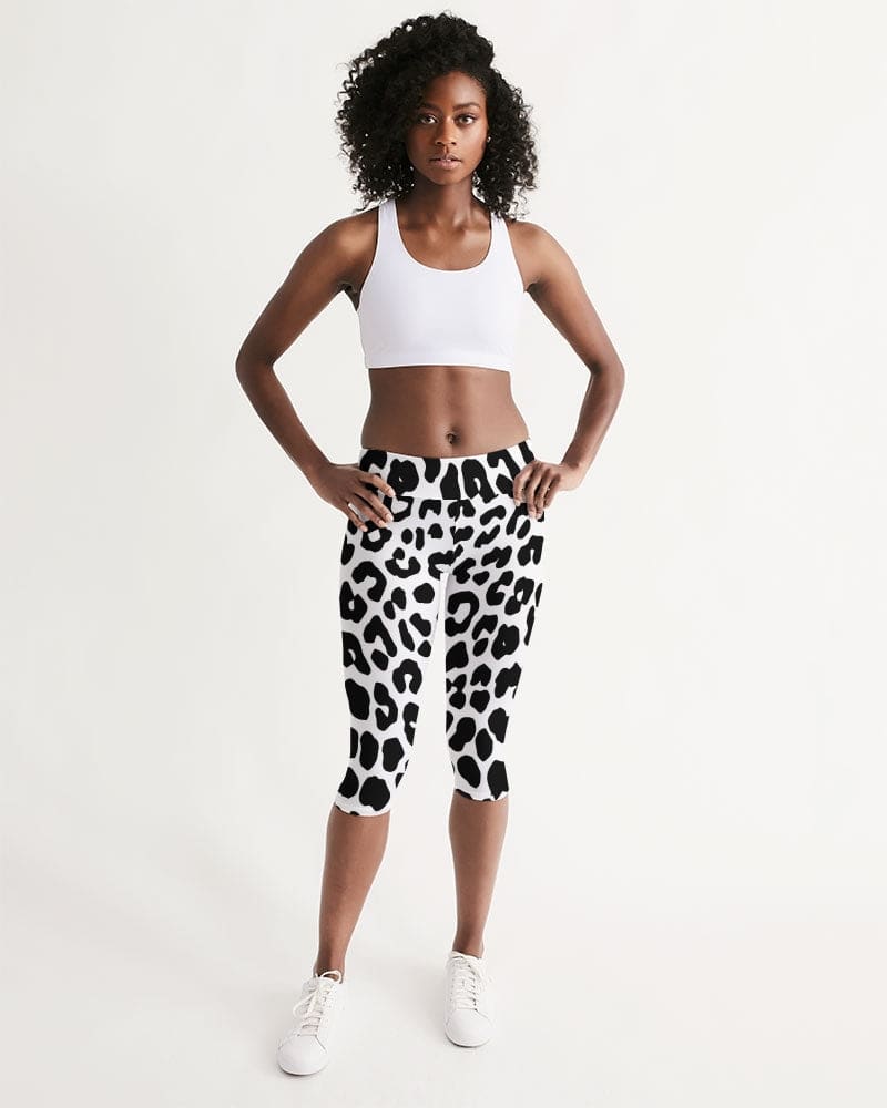 Womens High-waist Fitness Capri Legging Yoga Pants Black White Leopard Pattern