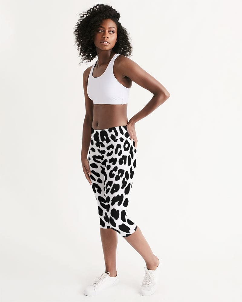 Womens High-waist Fitness Capri Legging Yoga Pants - Black White Leopard