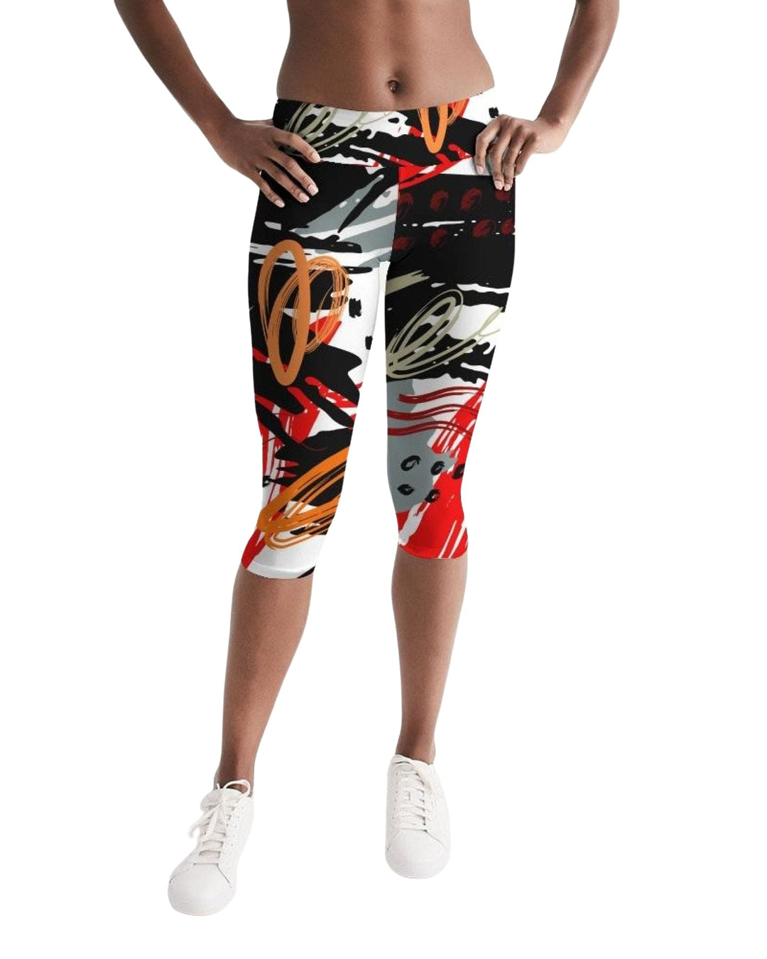 Womens Mid-rise Capri Leggings Black Red Gray Abstract Pattern - Womens