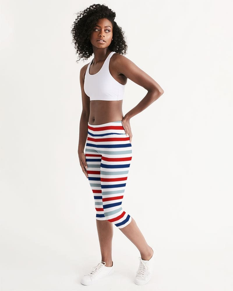 Womens Mid-rise Capri Leggings / Red White Blue Stripe Print - Womens