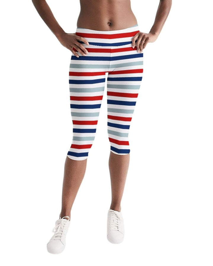 Womens Mid-rise Capri Leggings / Red White Blue Stripe Print - Womens