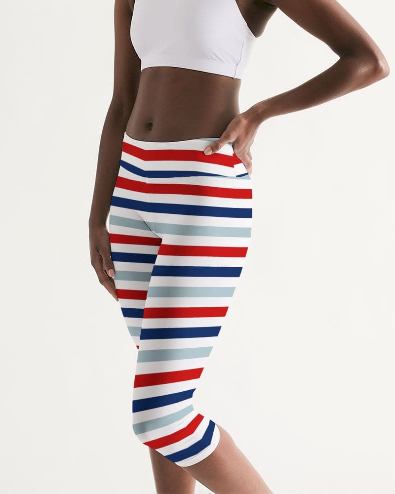 Womens Mid-rise Capri Leggings / Red White Blue Stripe Print - Womens