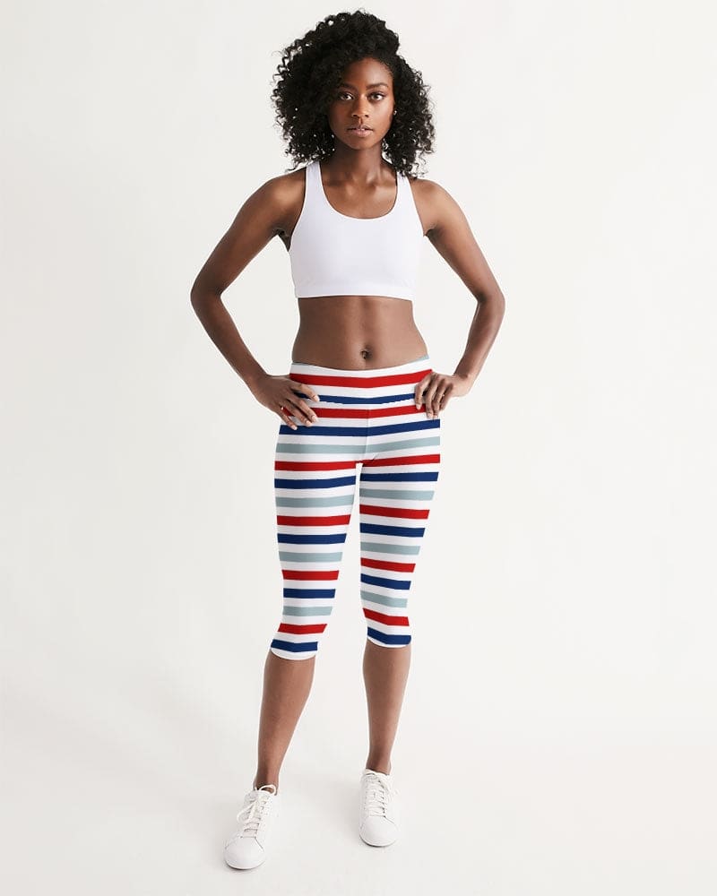 Womens Mid - rise Capri Leggings / Red White Blue Stripe Print - Womens