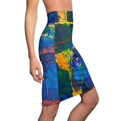 Womens Mini Skirt High Waisted Multicolor Abstract Pencil Skirt - Womens