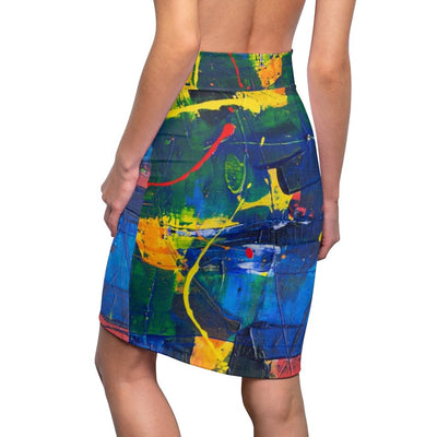 Womens Mini Skirt High Waisted Multicolor Abstract Pencil Skirt - Womens