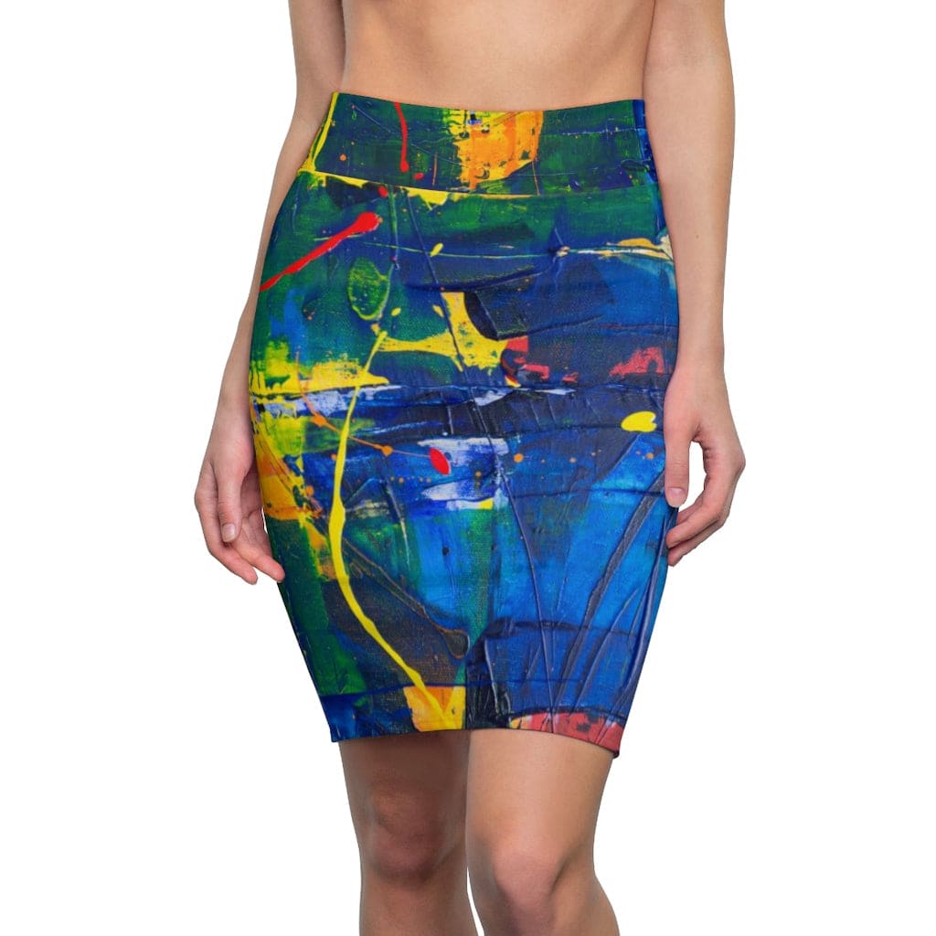 Womens Mini Skirt High Waisted Multicolor Abstract Pencil Skirt - Womens