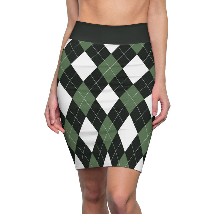 Womens Pencil Skirt Green and White Argyle Stretch Mini S510537 - Womens